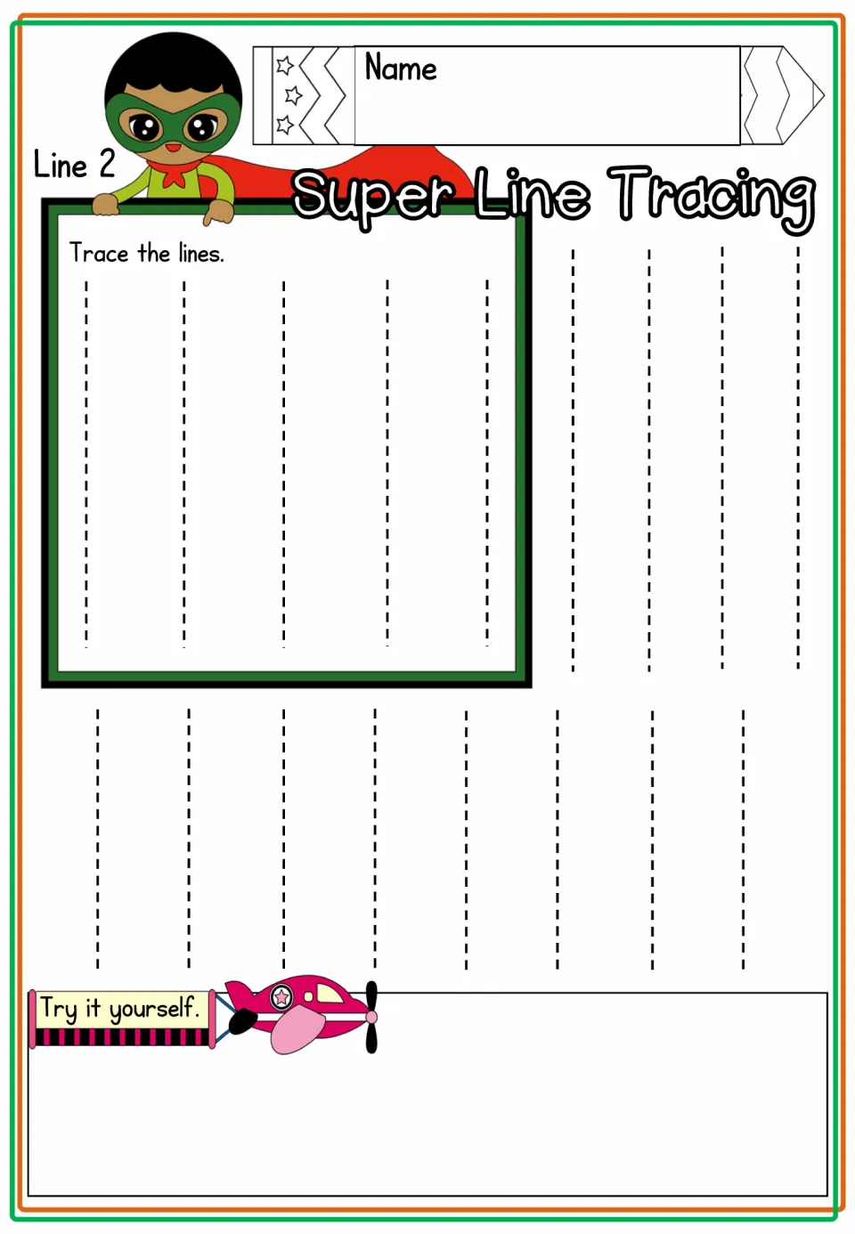 Line 2 tracing practice introduces vertical strokes with 'Trace the lines' and 'Try it yourself'