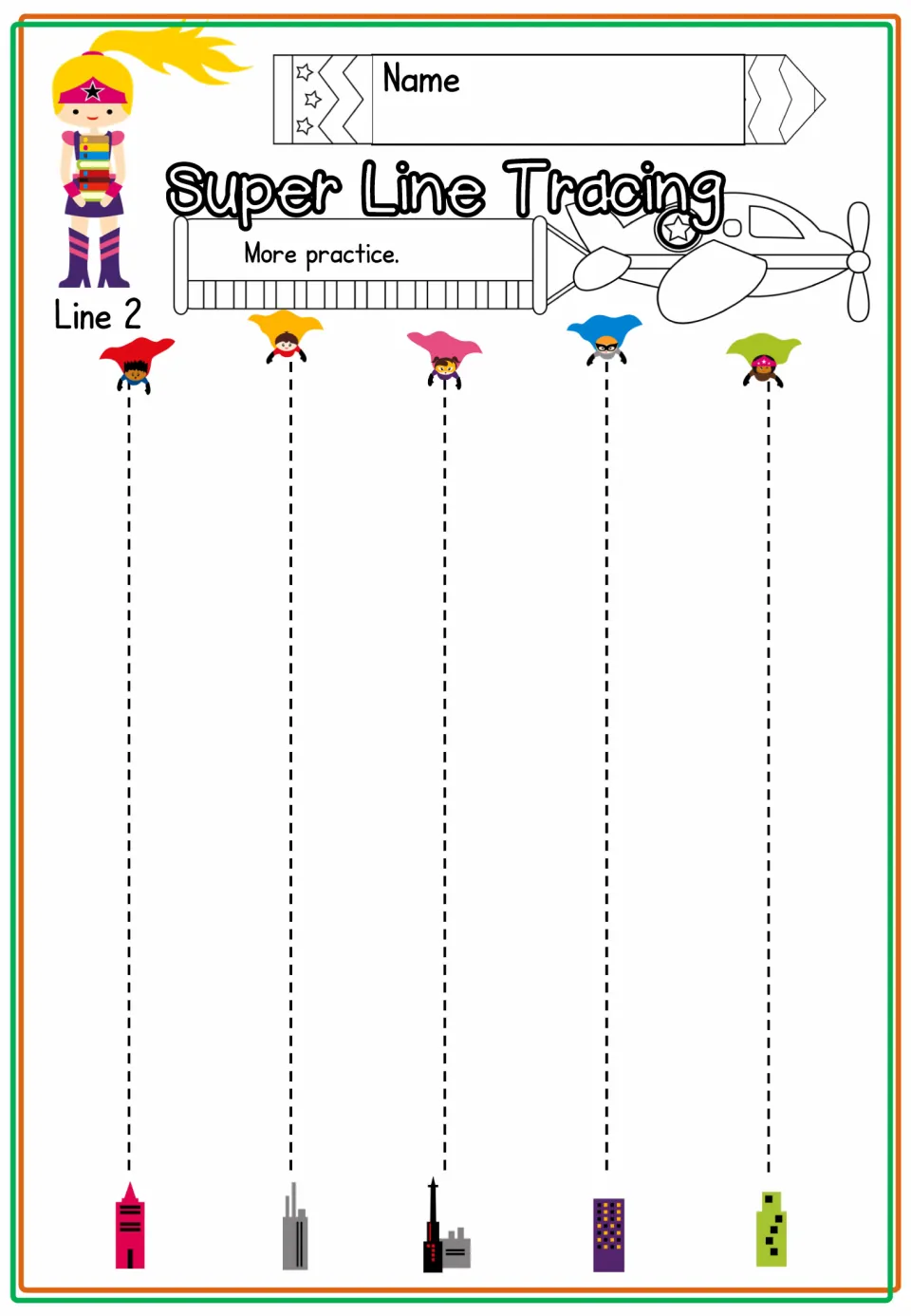 Line 2 extra-practice sheet provides five vertical tracing paths connecting superheroes and buildings