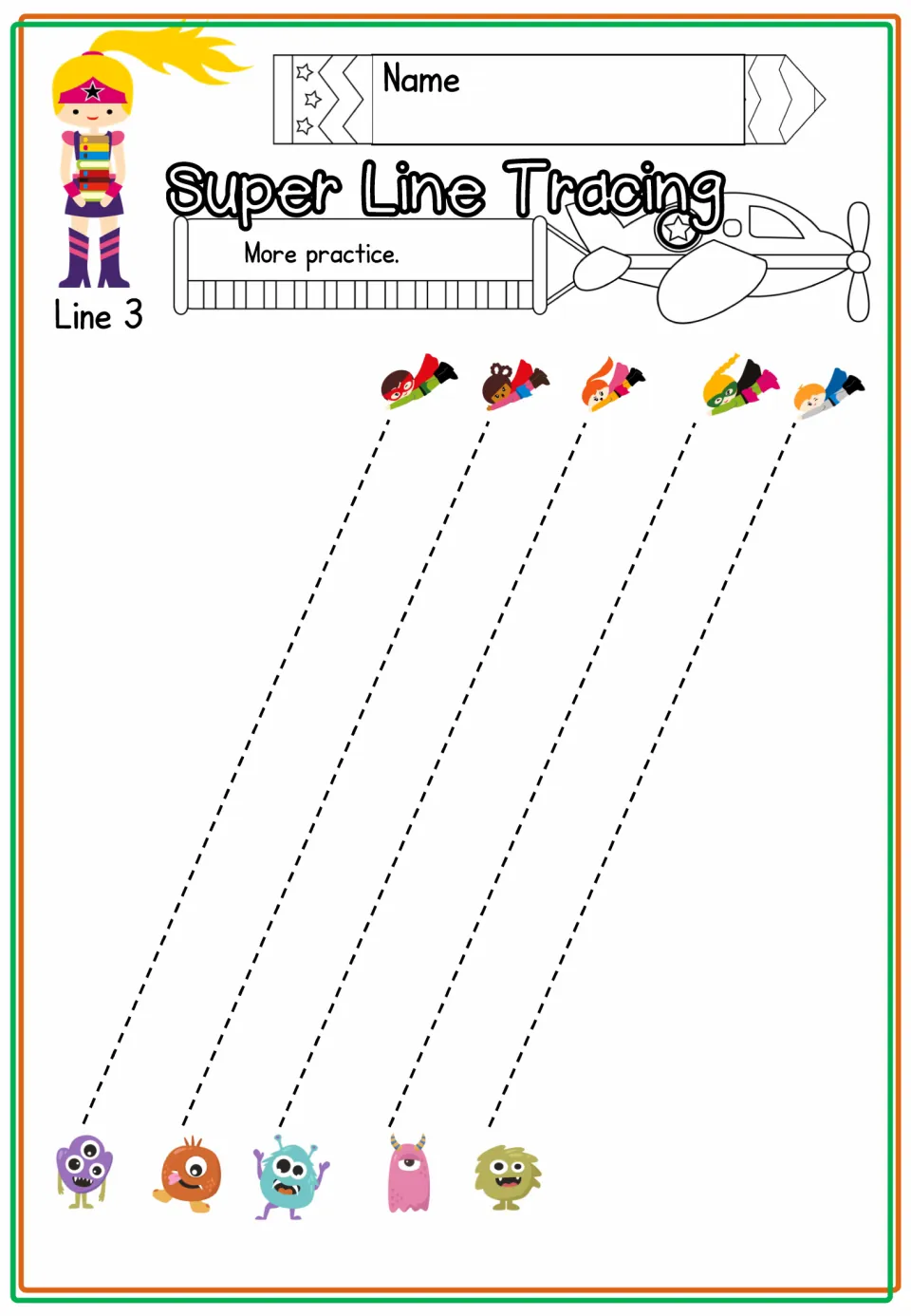 Line 3 extra practice has five diagonal tracing paths slanting up to the right between monsters and heroes
