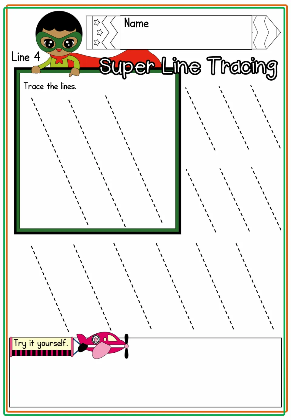 Line 4 tracing practice uses diagonal strokes slanting down to the right and includes 'Try it yourself'