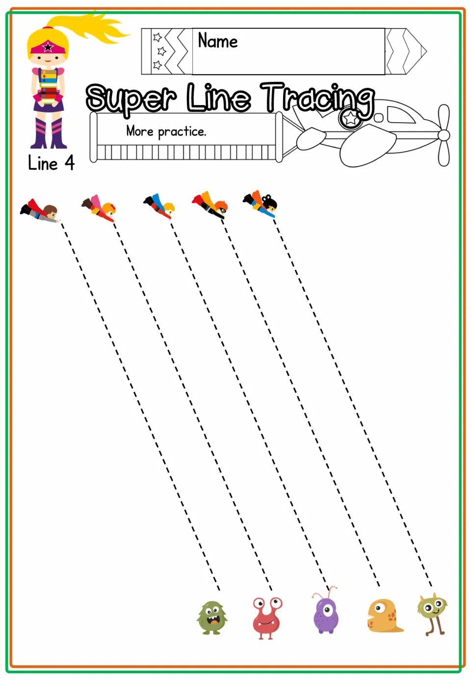 Line 4 extra practice has five diagonal tracing paths slanting down to the right between heroes and monsters