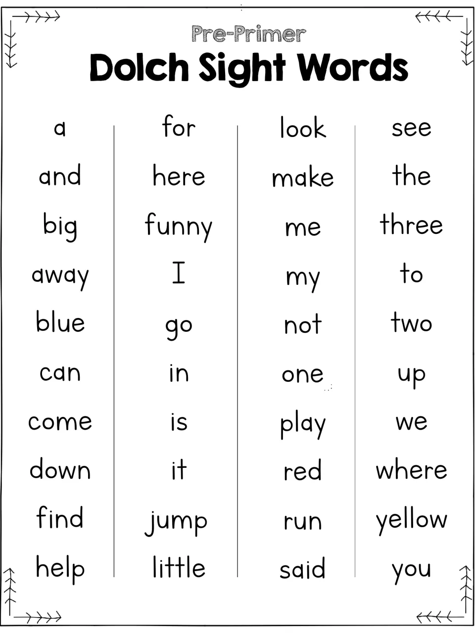 Pre-primer Dolch sight word list: all 40 words, including a, and, big, funny, look, play, three, where, yellow and you