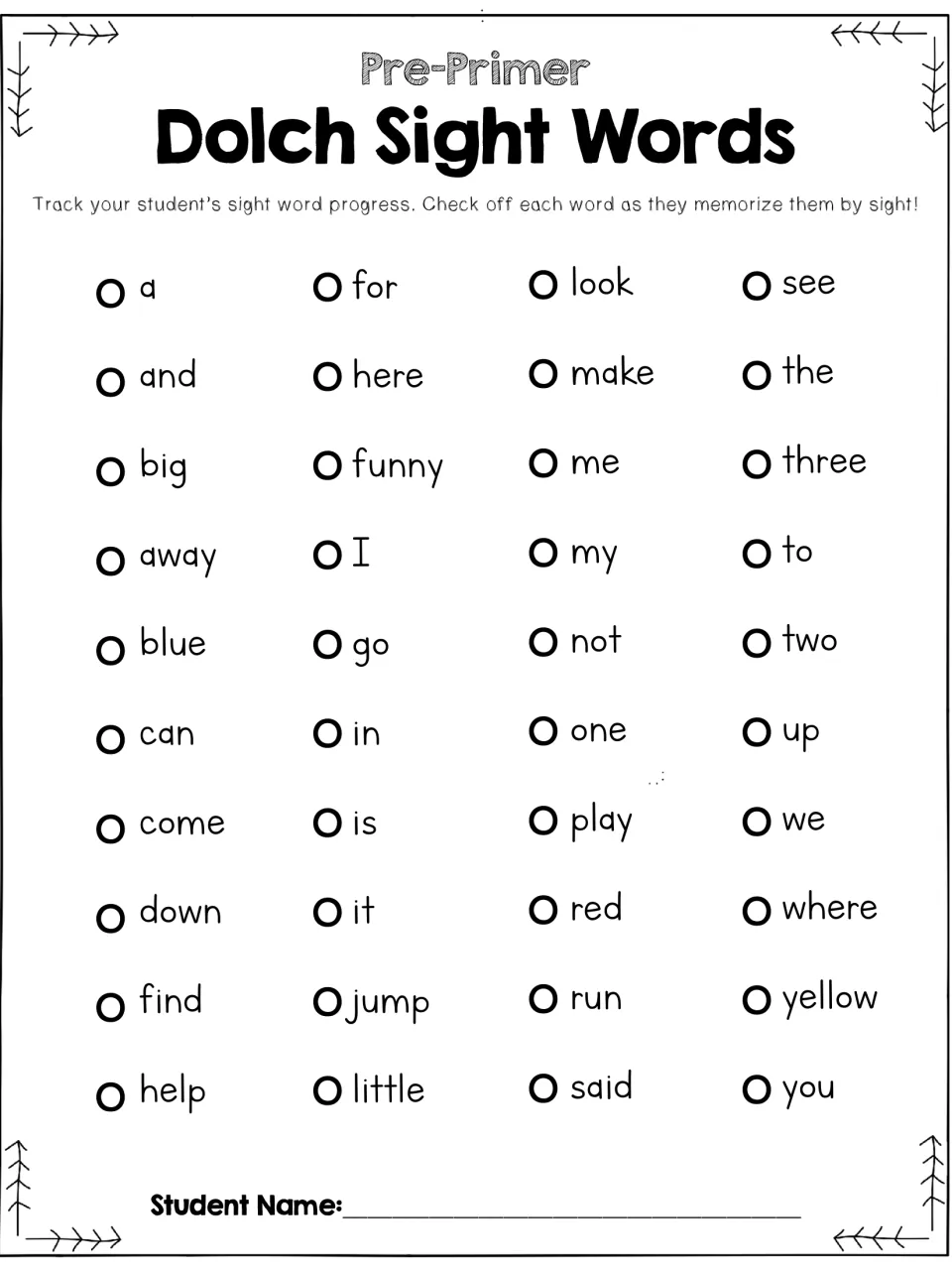 Sight word progress tracker: check off each of the 40 pre-primer words as the student memorizes it, with a name line