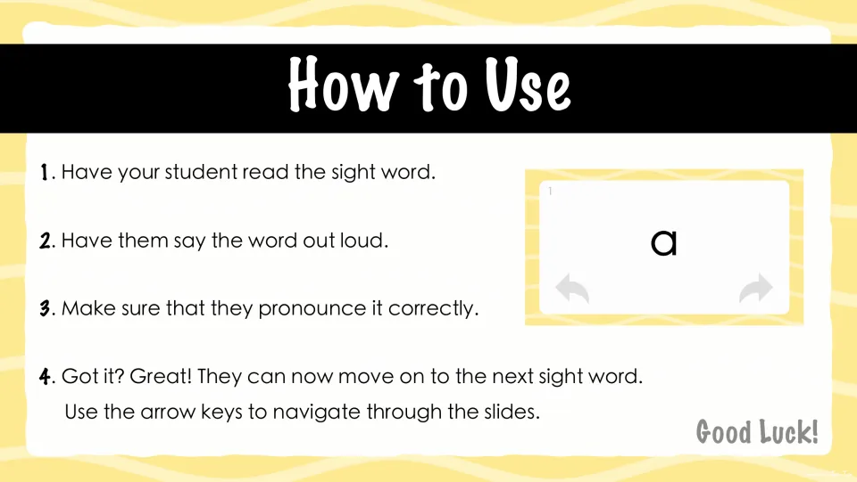 How to Use steps: student reads the sight word, says it aloud, checks pronunciation, then moves on using the arrow keys