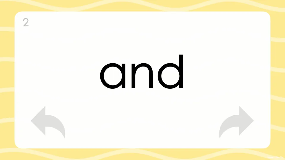 Flash card 2 shows the word "and" in large print for word recognition practice; the student reads it aloud and continues