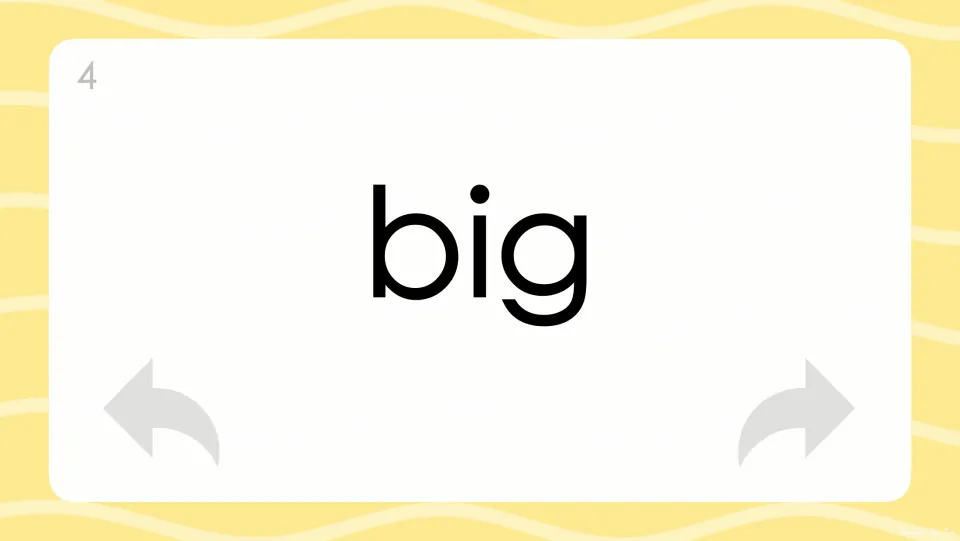 Flash card 4 presents the word "big" in bold print for instant word reading, with arrows to go back or forward