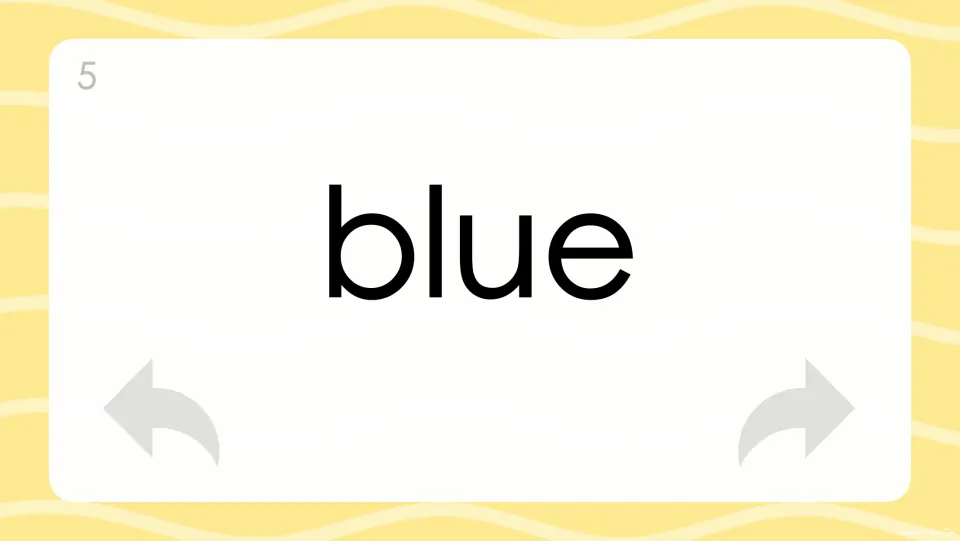 Flash card 5 shows the color word "blue" in large type for the student to recognize, pronounce and say out loud