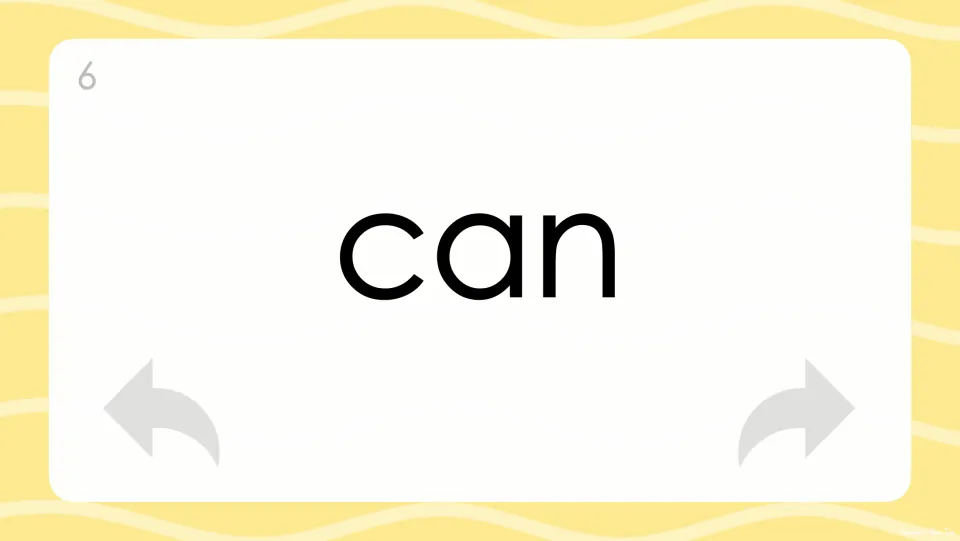 Flash card 6 displays "can" centered in large letters as a sight word to read aloud during the on-screen drill