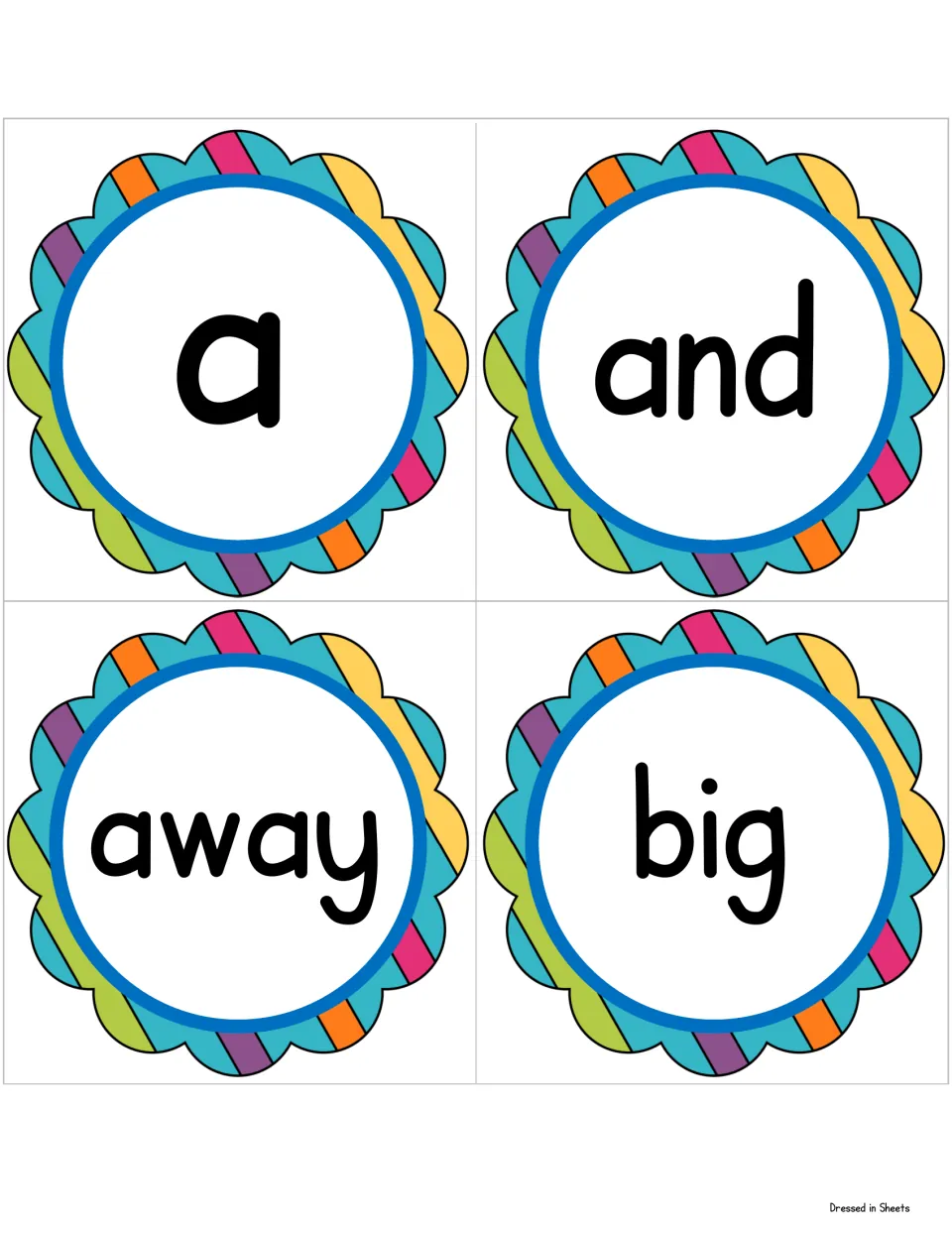 Sight word cards for a, and, away and big, each word printed large inside a rainbow scalloped circle for students to read
