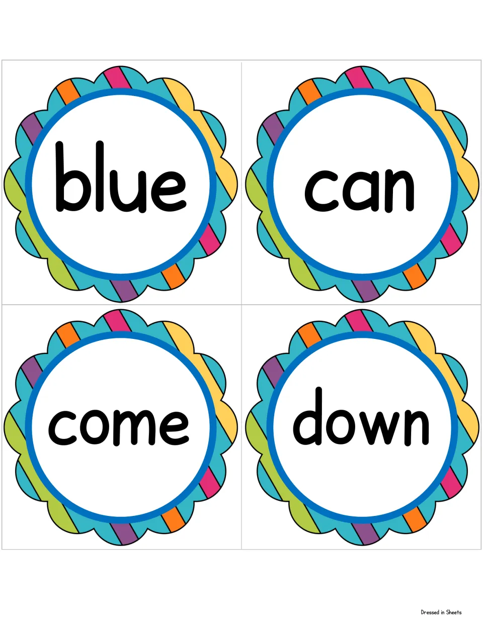 Sight word cards for blue, can, come and down, each shown in bold print in a rainbow scalloped circle for word recognition