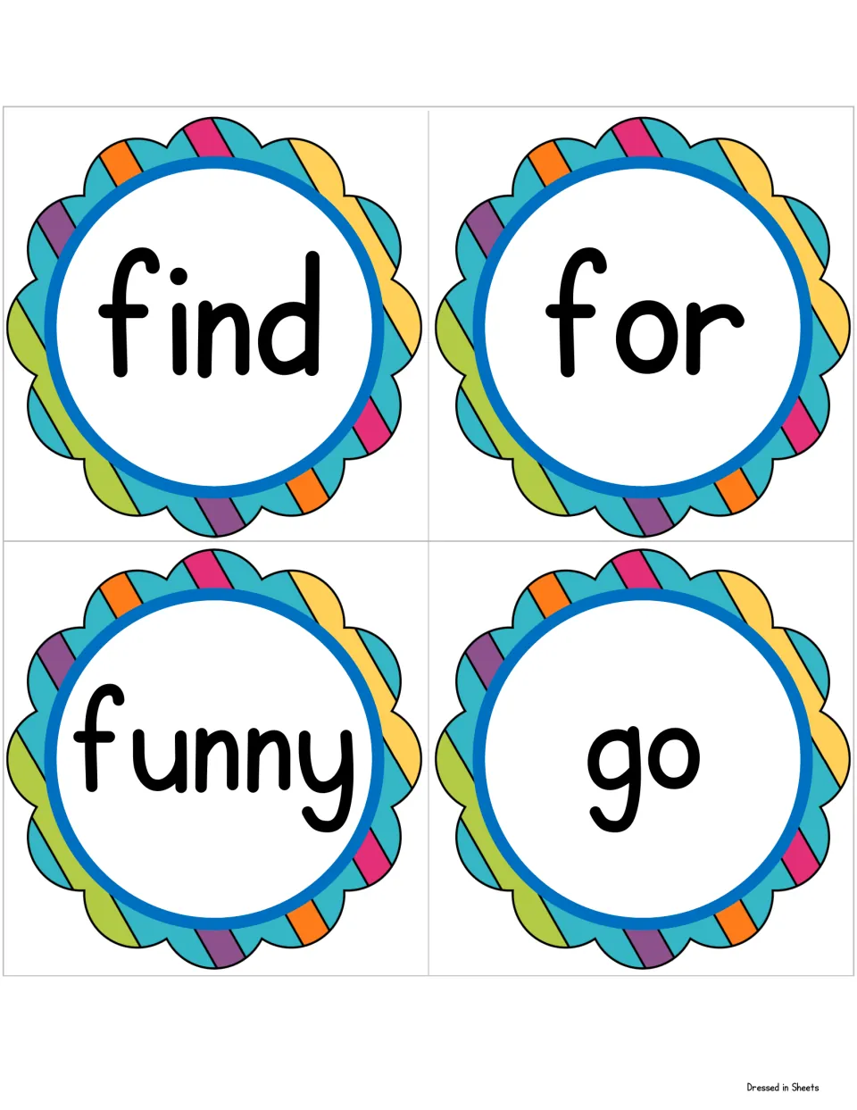Sight word cards for find, for, funny and go in large print in rainbow scalloped circles for reading high-frequency words