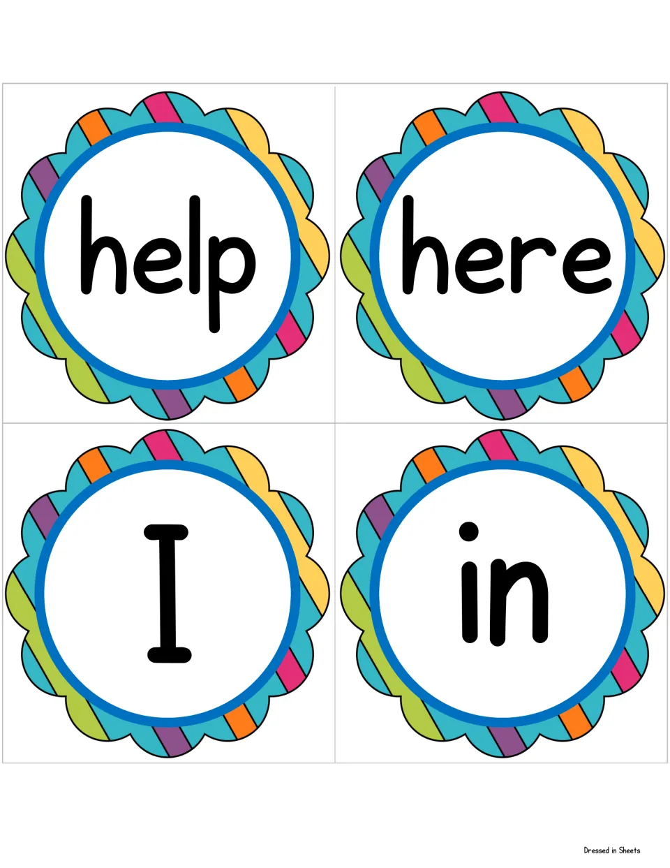 Sight word cards for help, here, I and in, each in large black letters in a rainbow scalloped circle for students to read