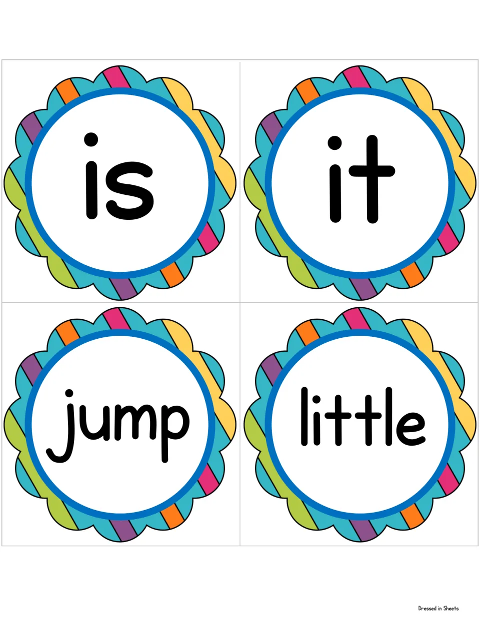 Sight word cards for is, it, jump and little in bold print in rainbow scalloped circles for high-frequency word practice