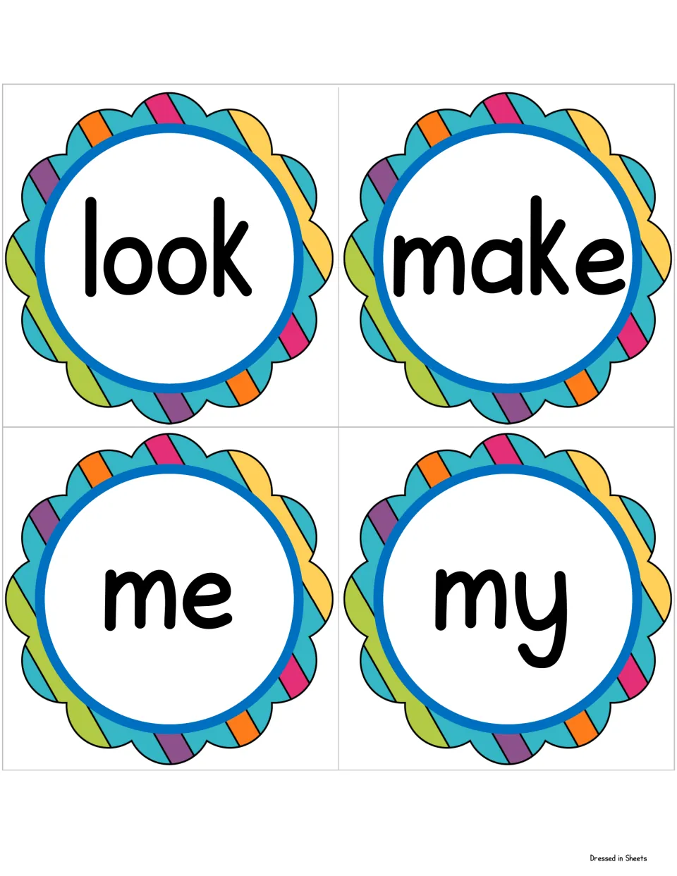 Sight word cards for look, make, me and my, printed large in rainbow scalloped circles so students can read them on sight
