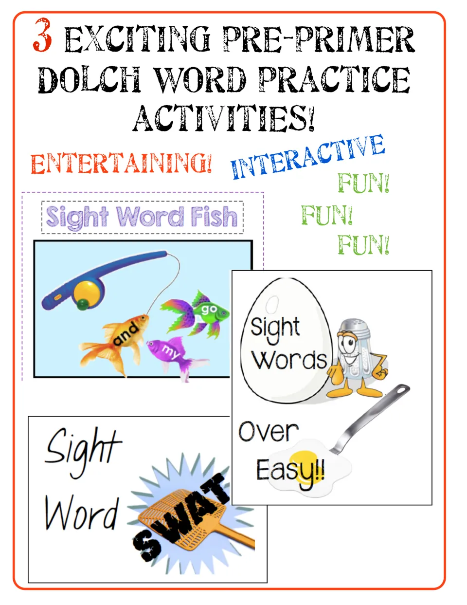 Cover for 3 pre-primer Dolch word practice activities: Sight Word Fish, Sight Words Over Easy and Sight Word Swat