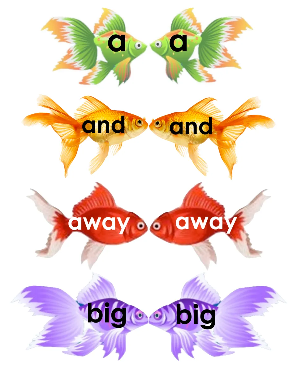 Printable sight word fish cards to fold and glue, each mirrored pair showing one word: a, and, away and big