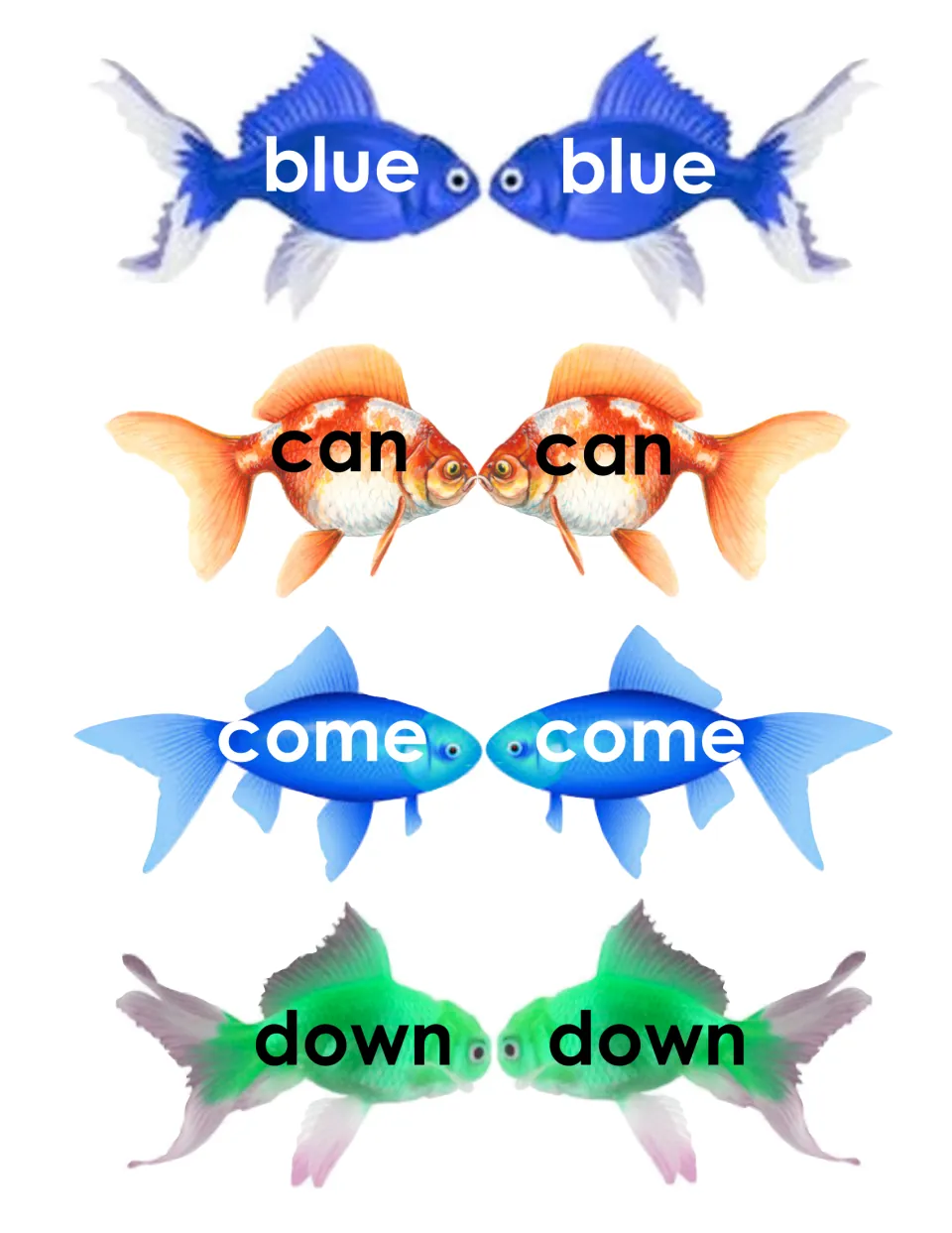 Printable sight word fish cards to fold and glue, each mirrored pair showing one word: blue, can, come and down