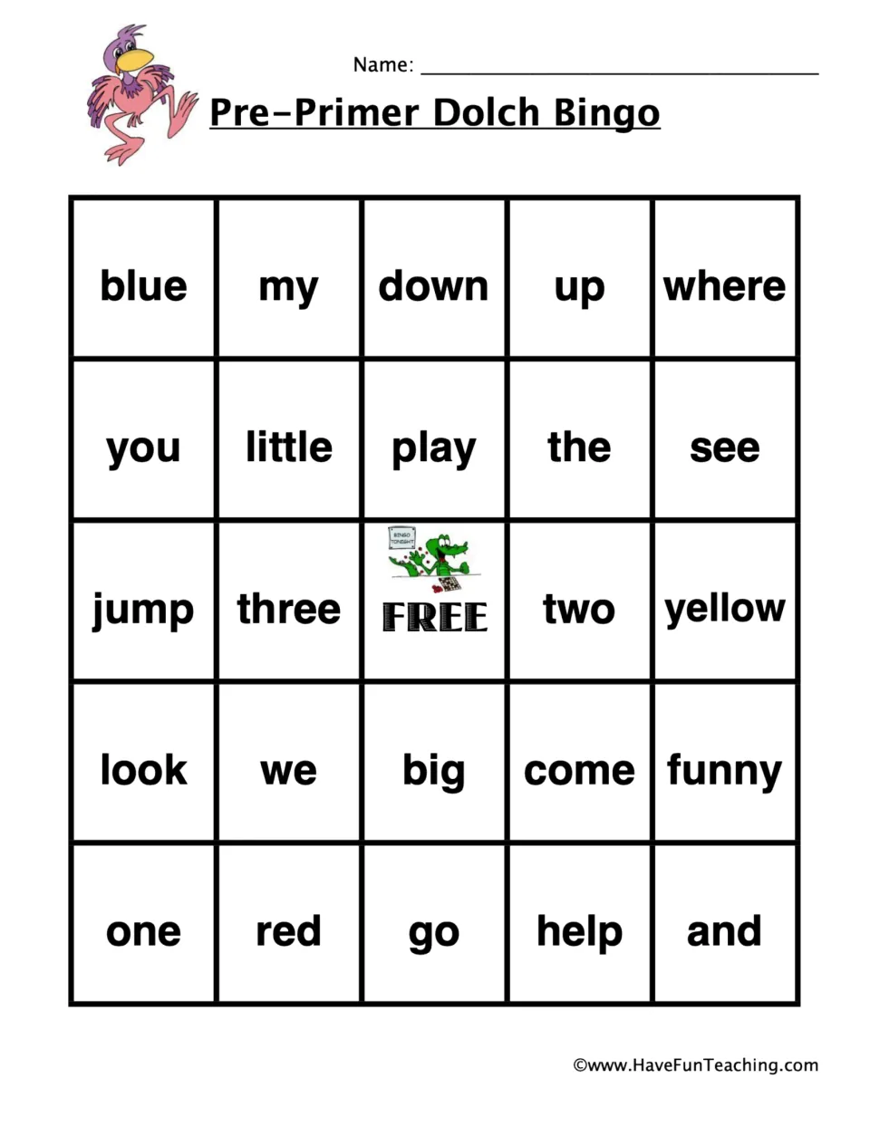 Dolch bingo card 1 with a pink bird: students mark pre-primer sight words such as blue, my, down, up and where