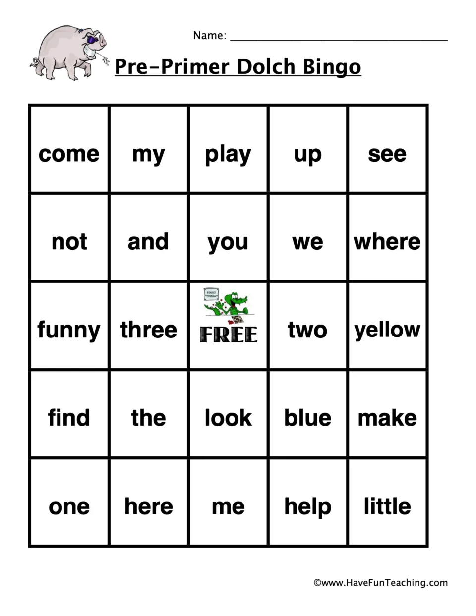 Dolch bingo card 2 with a pig: students find called sight words like come, my, play, up and see