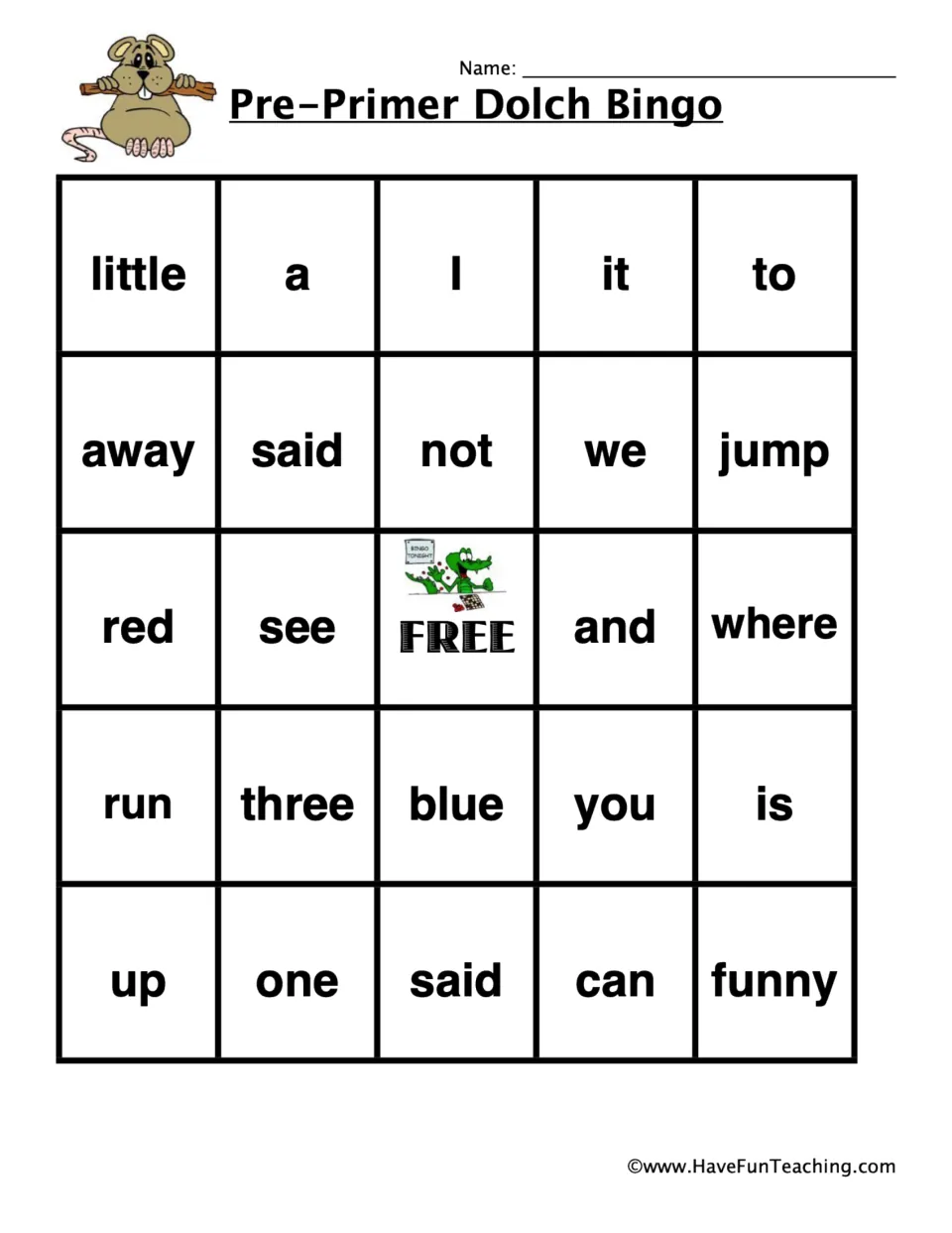 Dolch bingo card 4 with a mouse: students spot sight words such as little, a, I, it and to as each word is read aloud