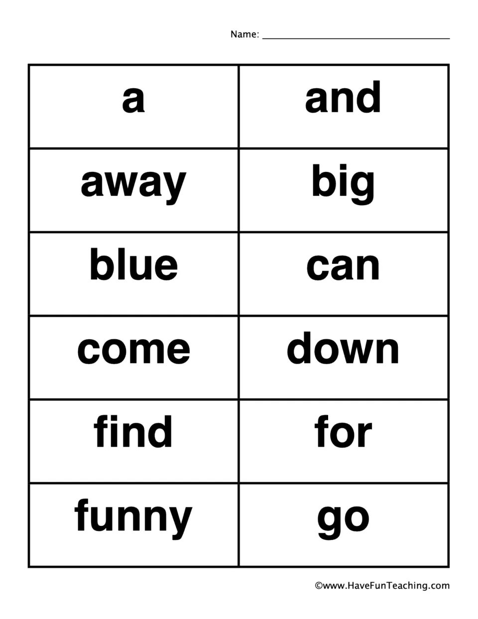 Caller word cards to cut out: a, and, away, big, blue, can, come, down, find, for, funny and go, read aloud in play