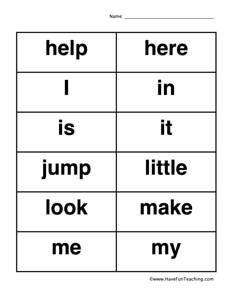 Caller word cards to cut out: help, here, I, in, is, it, jump, little, look, make, me and my, drawn from a pile