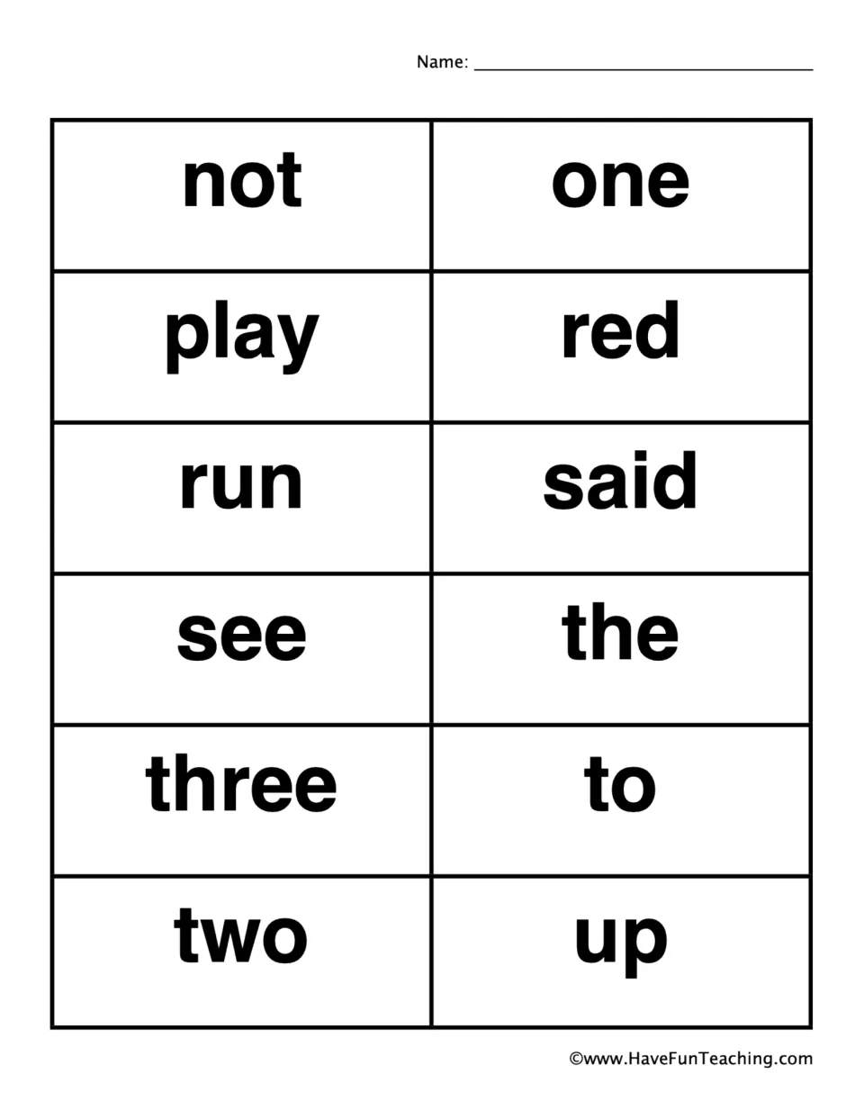 Caller word cards to cut out: not, one, play, red, run, said, see, the, three, to, two and up for the teacher to read