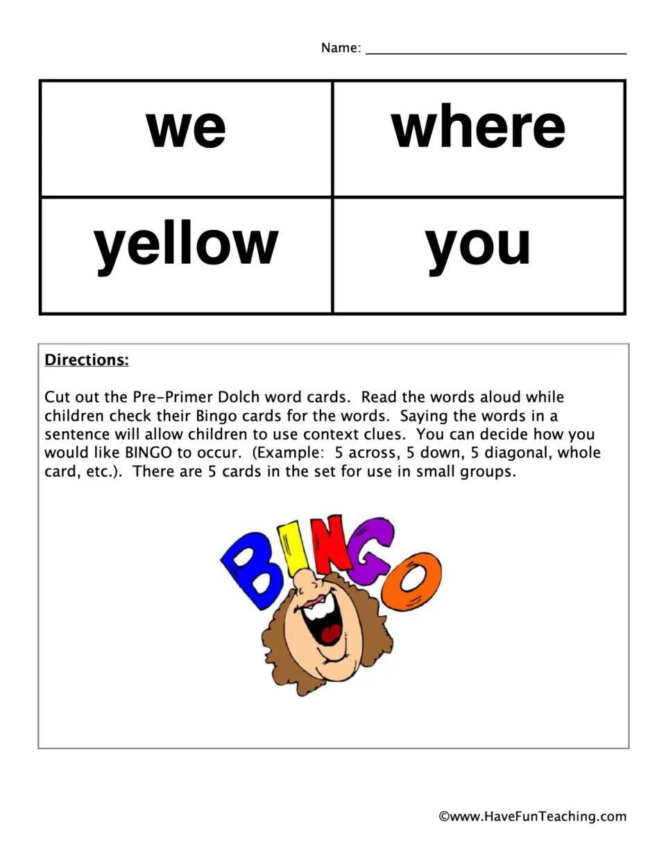 Final caller cards (we, where, yellow, you) and directions: cut out cards, read each aloud, choose how BINGO is won