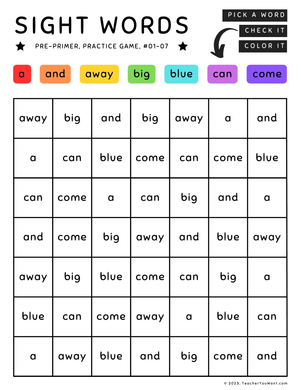 Sight word coloring practice 1–7: a, and, away, big, blue, can, and come, each matched to a color.