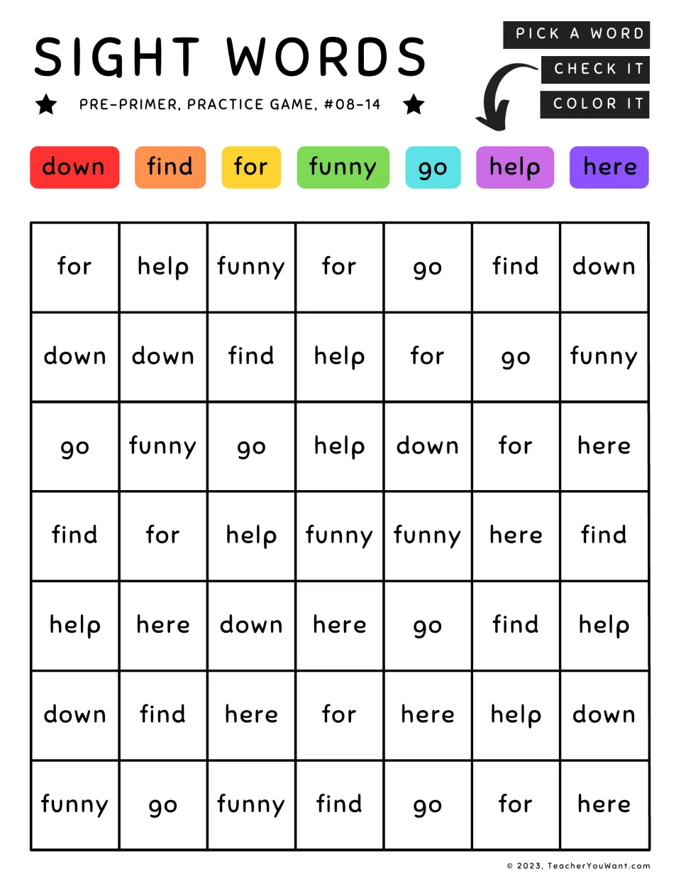 Sight word coloring practice 8–14: down, find, for, funny, go, help, and here, each matched to a color.