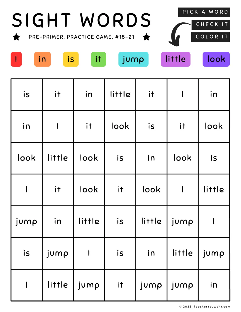 Sight word coloring practice 15–21: I, in, is, it, jump, little, and look, each matched to a color.