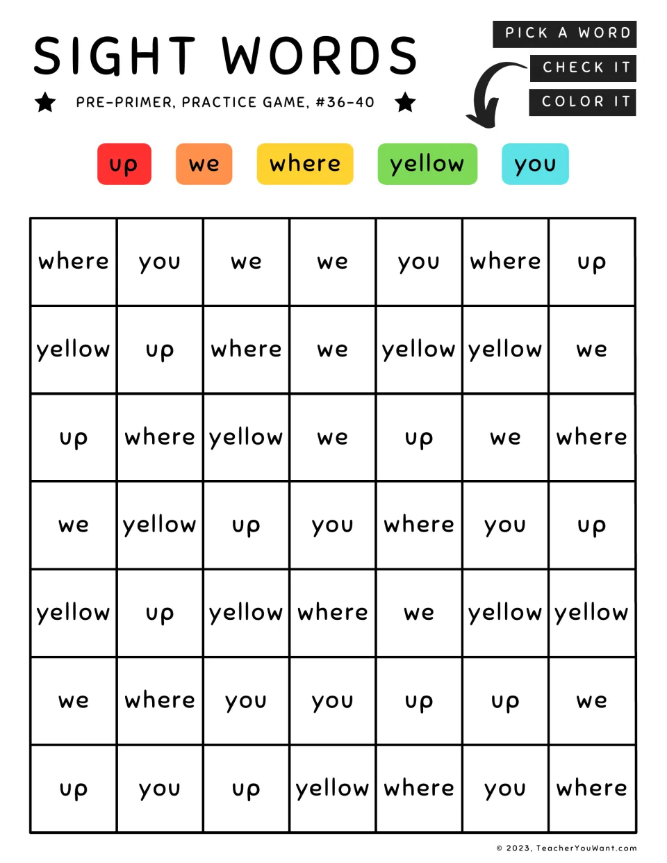 Sight word coloring practice 36–40: up, we, where, yellow, and you, each matched to a color.