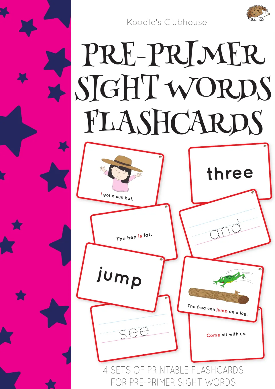 Pre-Primer Sight Words Flashcards cover showing examples of word, tracing, sentence, and picture cards