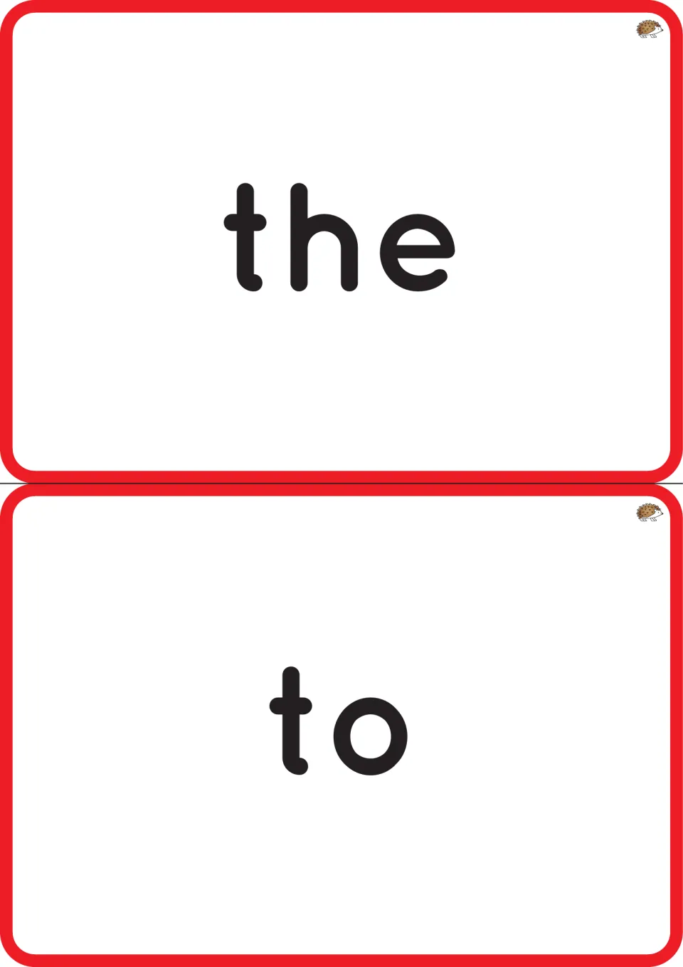 Word recognition flashcards for the pre-primer sight word set: 'the' and 'to,' printed two cards per page