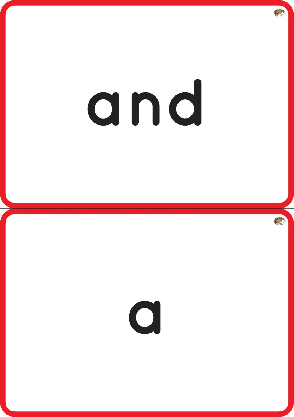Word recognition flashcards for the pre-primer sight word set: 'and' and 'a,' printed two cards per page