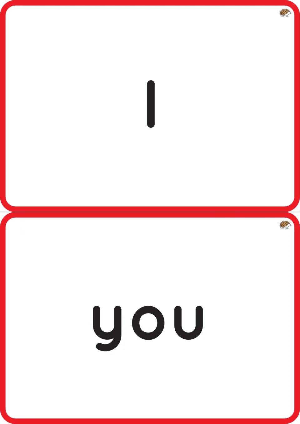 Word recognition flashcards for the pre-primer sight word set: 'I' and 'you,' printed two cards per page