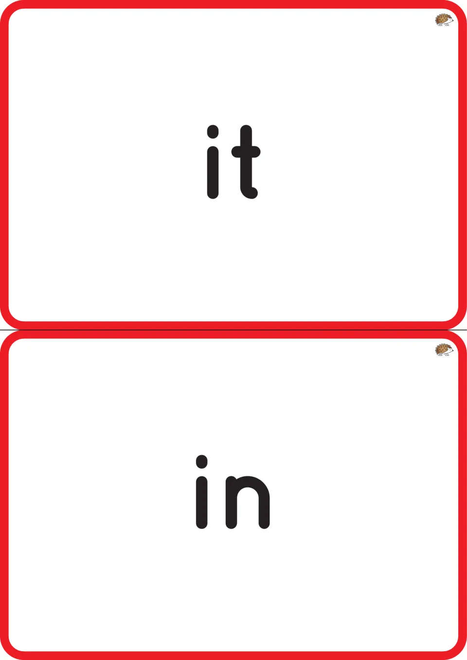 Word recognition flashcards for the pre-primer sight word set: 'it' and 'in,' printed two cards per page