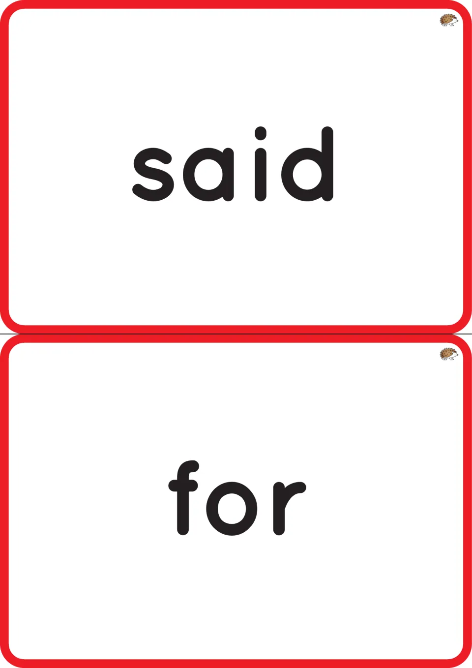 Word recognition flashcards for the pre-primer sight word set: 'said' and 'for,' printed two cards per page