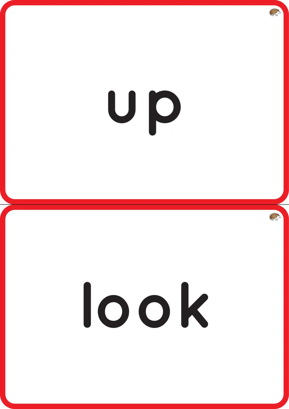 Word recognition flashcards for the pre-primer sight word set: 'up' and 'look,' printed two cards per page