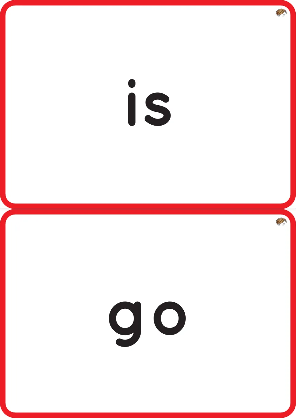 Word recognition flashcards for the pre-primer sight word set: 'is' and 'go,' printed two cards per page