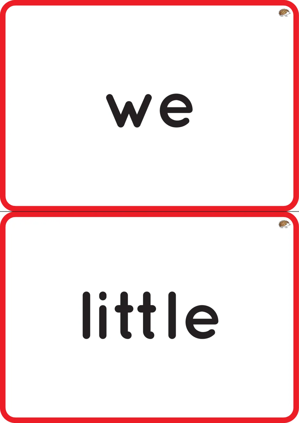 Word recognition flashcards for the pre-primer sight word set: 'we' and 'little,' printed two cards per page