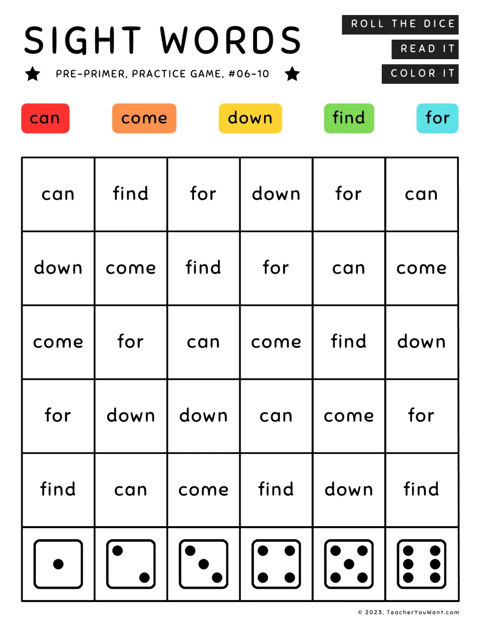 Sight word roll-and-color game 2: can, come, down, find, for. Read each word and color using the word key.