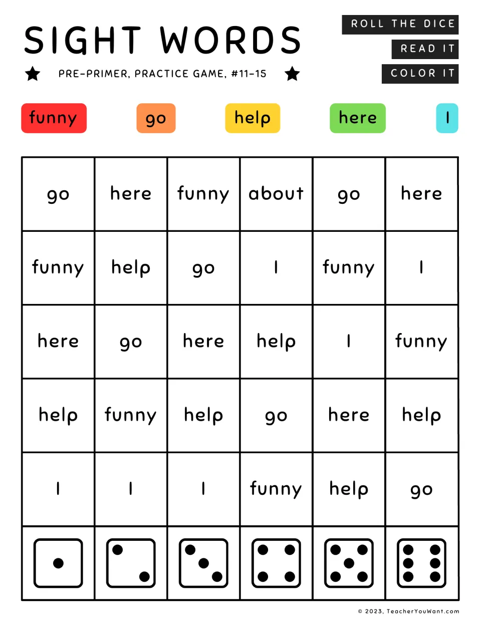 Sight word roll-and-color game 3: funny, go, help, here, I; the reading prompts also include the word about.