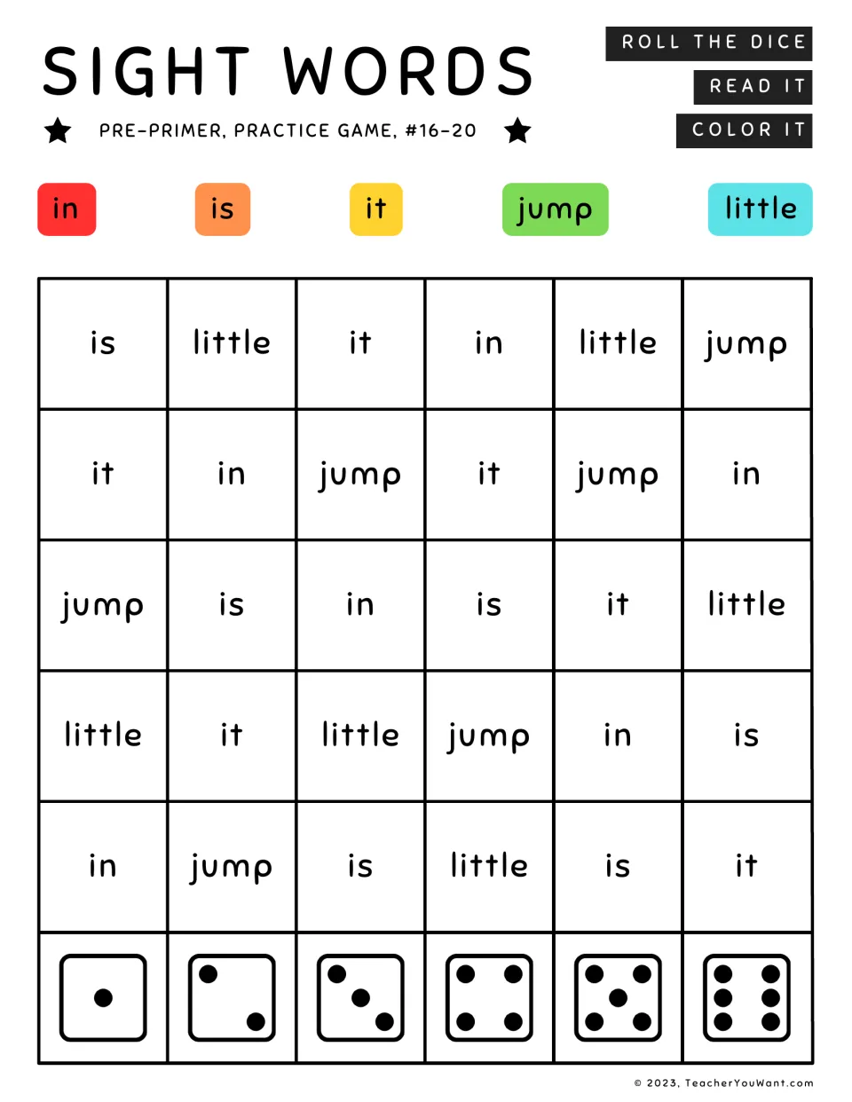 Sight word roll-and-color game 4: in, is, it, jump, little. Read each word and color using the word key.