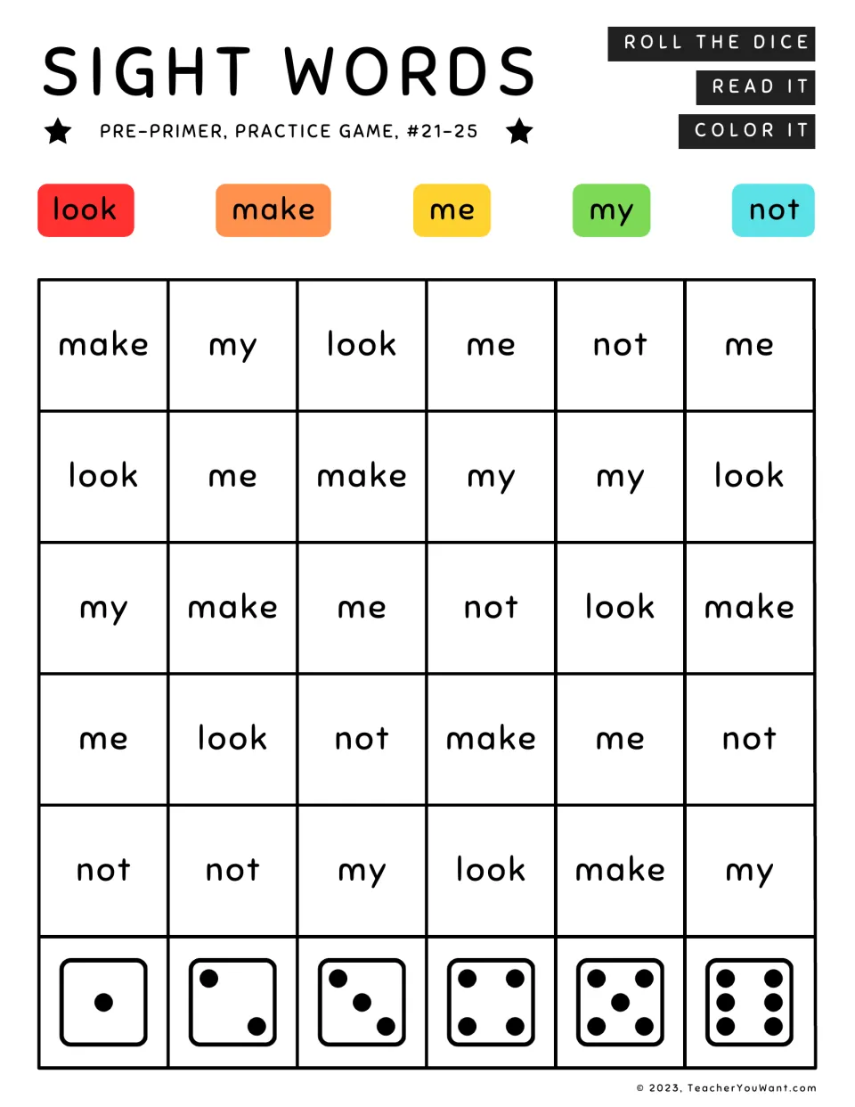 Sight word roll-and-color game 5: look, make, me, my, not. Read each word and color using the word key.