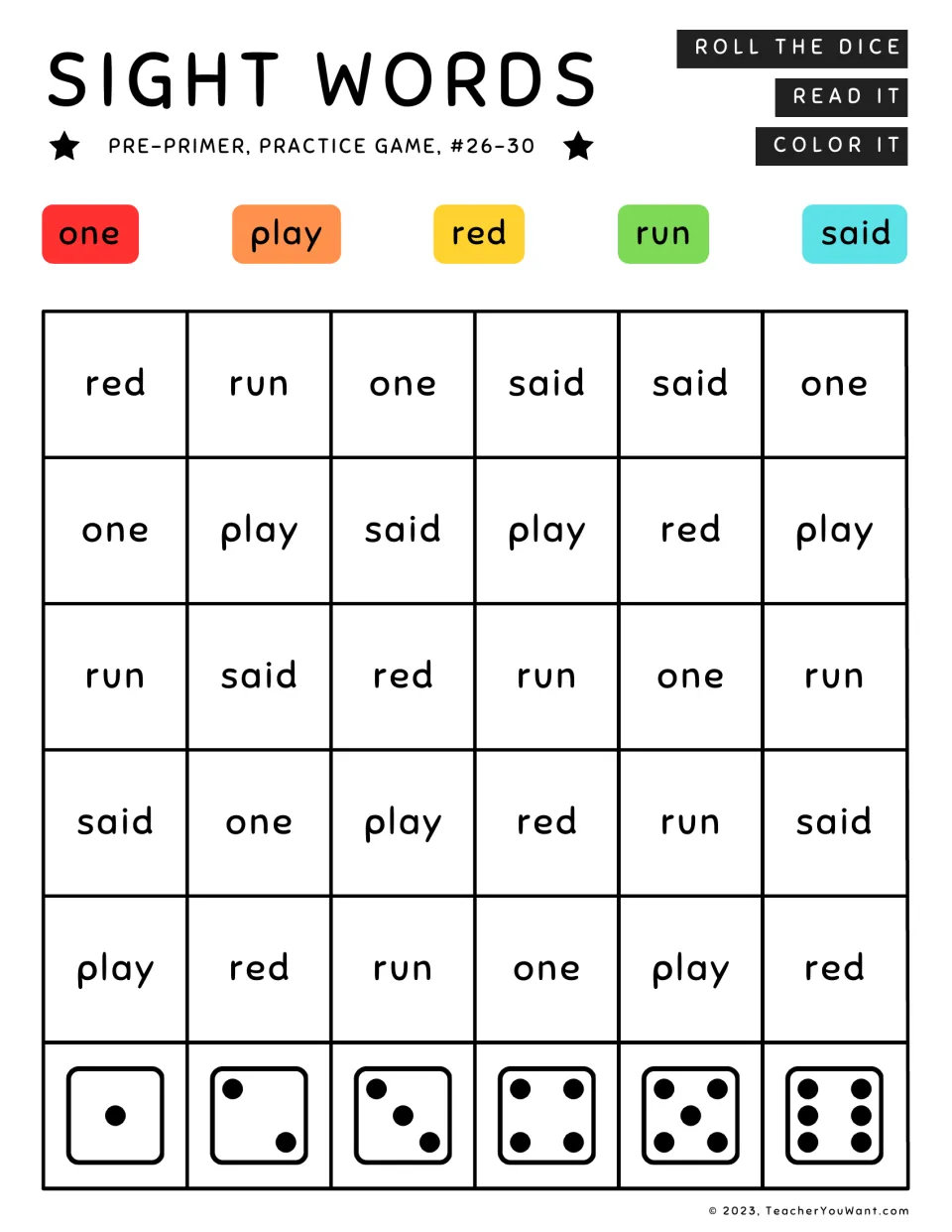 Sight word roll-and-color game 6: one, play, red, run, said. Read each word and color using the word key.
