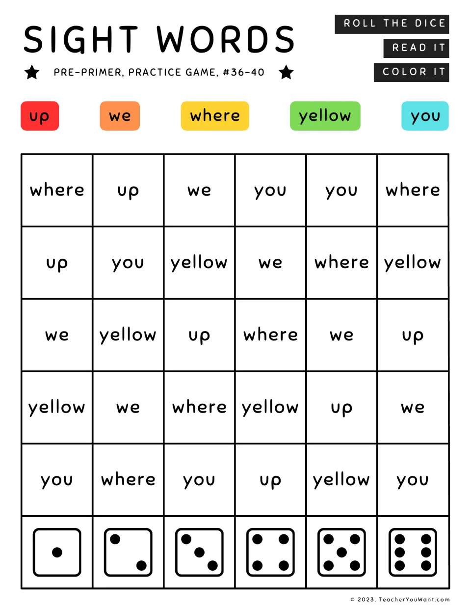 Sight word roll-and-color game 8: up, we, where, yellow, you. Read each word and color using the word key.