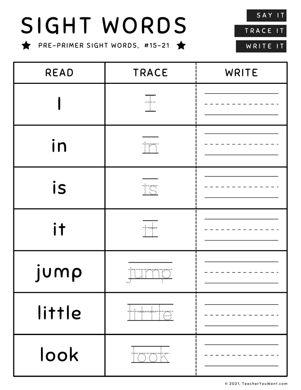 Pre-primer words #15-21: learners say, trace and write I, in, is, it, jump, little and look for sight word practice