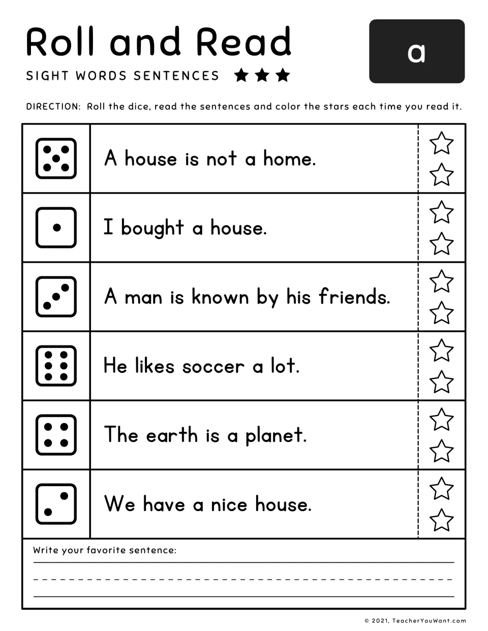 Sight word 'a' roll-and-read practice: six sentences, including 'I bought a house,' plus sentence writing.