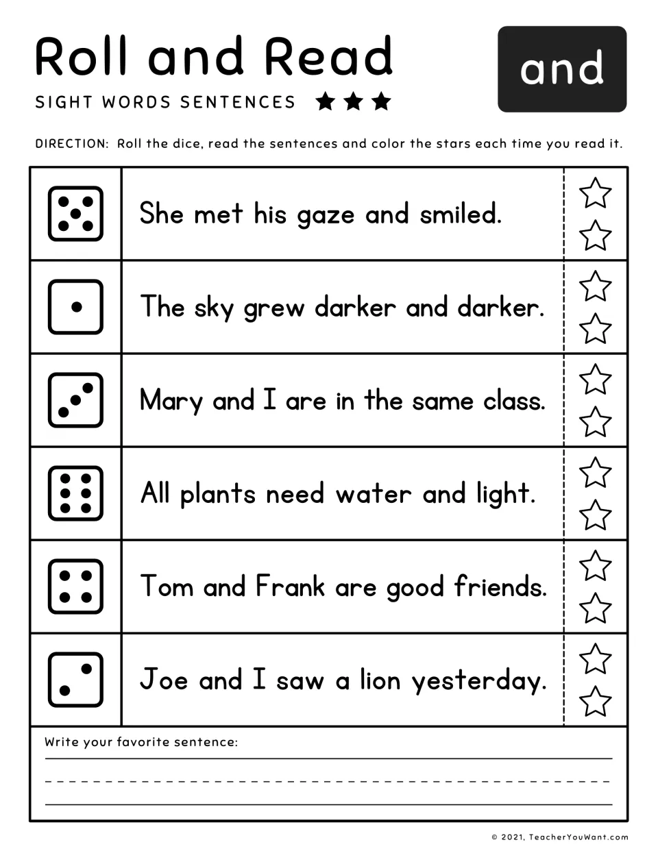 Sight word 'and' roll-and-read practice: six sentences, including 'All plants need water and light.'